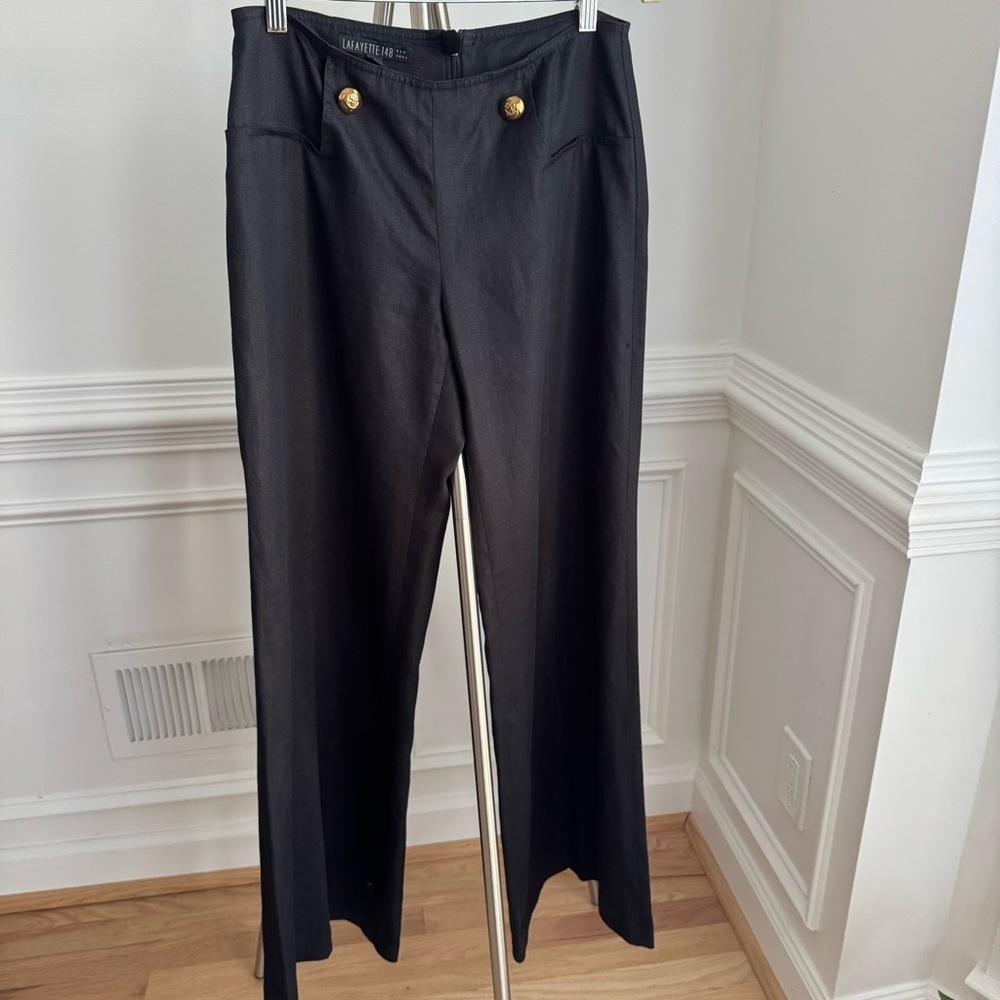 Lafayette 148 New York Wide Leg Black 100% Linen Pants Size 2